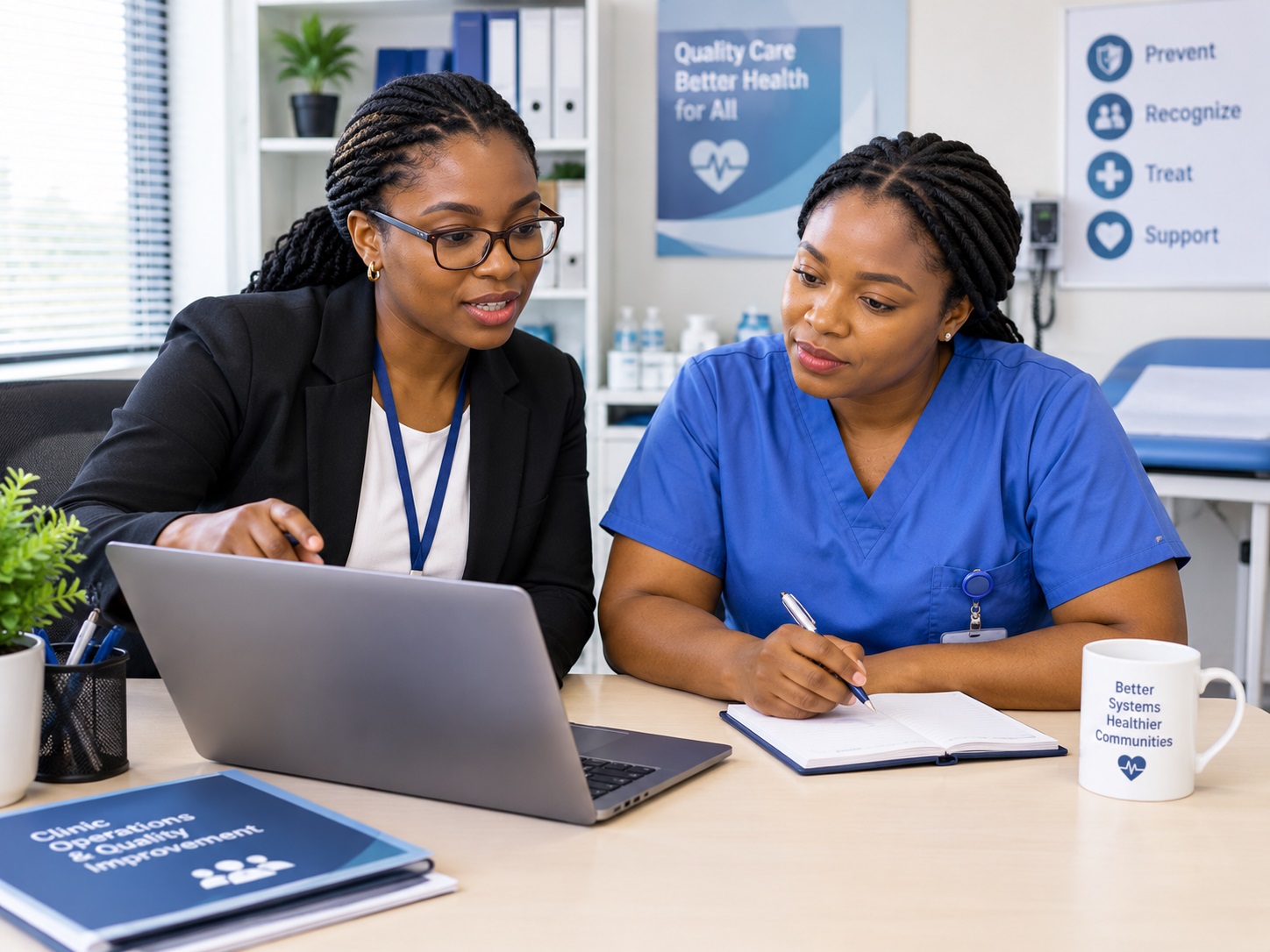 Consultant working through a process with clinic staff