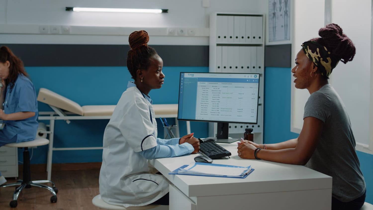A healthcare facility front desk or exterior